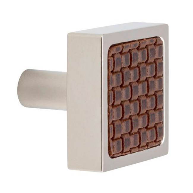 Colonial Bronze Leather Accented Square Cabinet Knob With Straight Post, Satin Bronze x Woven Fudge Leather