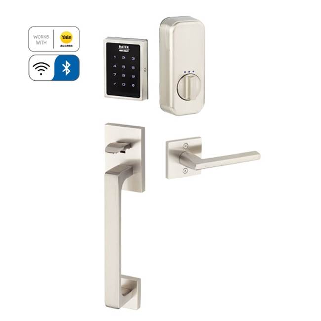 Emtek Electronic EMPowered Motorized Touchscreen Keypad Smart Lock Entry Set with Baden Grip - works with Yale Access, Ice White Porcelain Knob US15