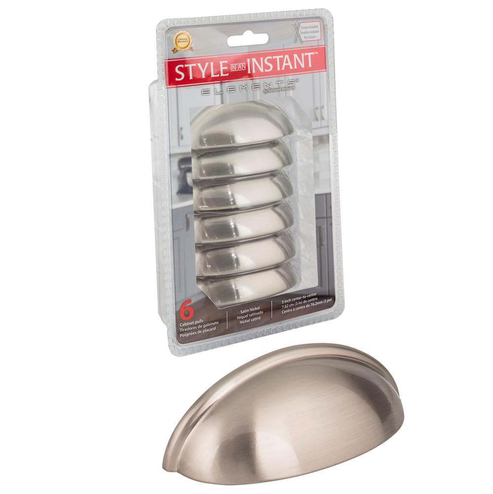 Hardware Resources 3'' Center-to-Center Satin Nickel Florence Retail Packaged Cabinet Cup Pull