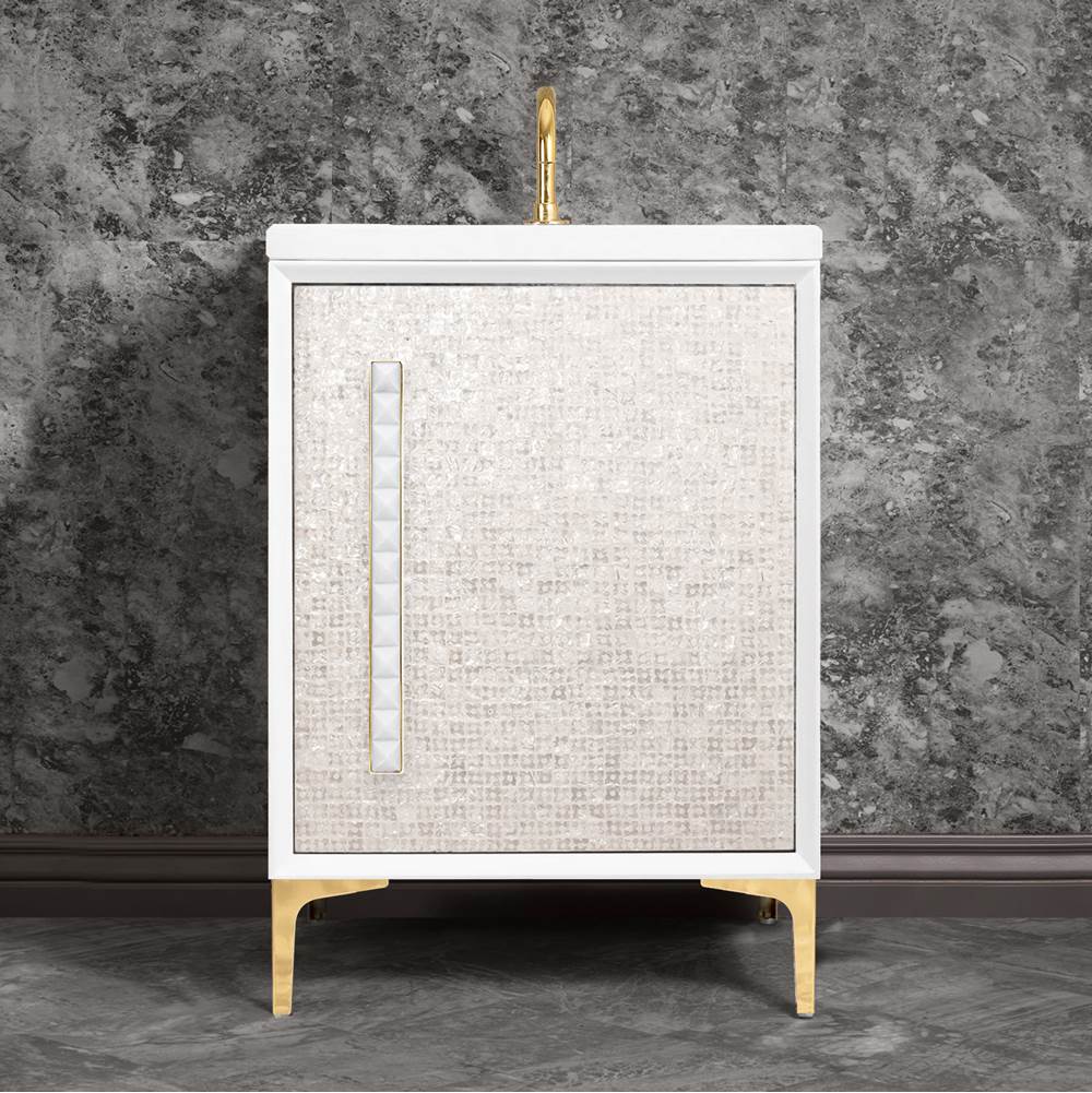 Linkasink MOTHER OF PEARL with 18'' Artisan Glass Pyramid Hardware 24'' Wide Vanity, White, Polished Brass Hardware, 24'' x 22'' x 33.5'' (without vanity top)