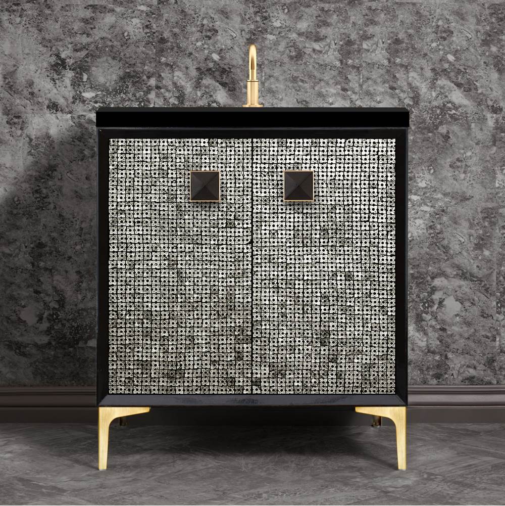 Linkasink MOTHER OF PEARL with 3'' Artisan Glass Prism Hardware 30'' Wide Vanity, Black, Satin Brass Hardware, 30'' x 22'' x 33.5'' (without vanity top)