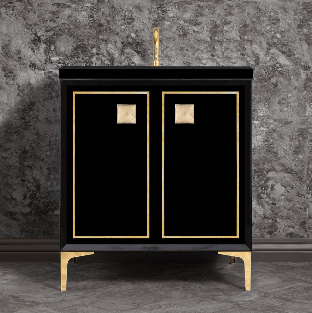 Linkasink LINEA with 3'' Artisan Glass Prism Hardware 30'' Wide Vanity, Black, Polished Brass Hardware, 30'' x 22'' x 33.5'' (without vanity top)