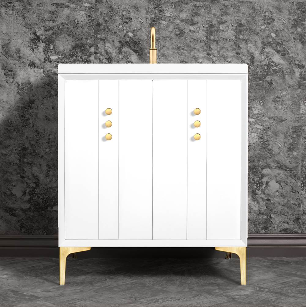 Linkasink Tuxedo 30'' Wide White Vanity with Satin Brass Buttons and Hardware