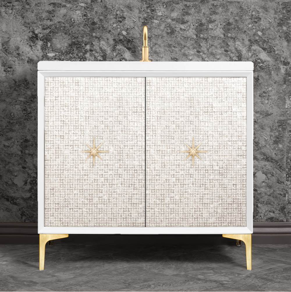 Linkasink Mother of Pearl with 3'' Satin Brass Star Hardware, 36'' Wide Vanity, White, 36'' x 22'' x 33.5'' (without vanity top)