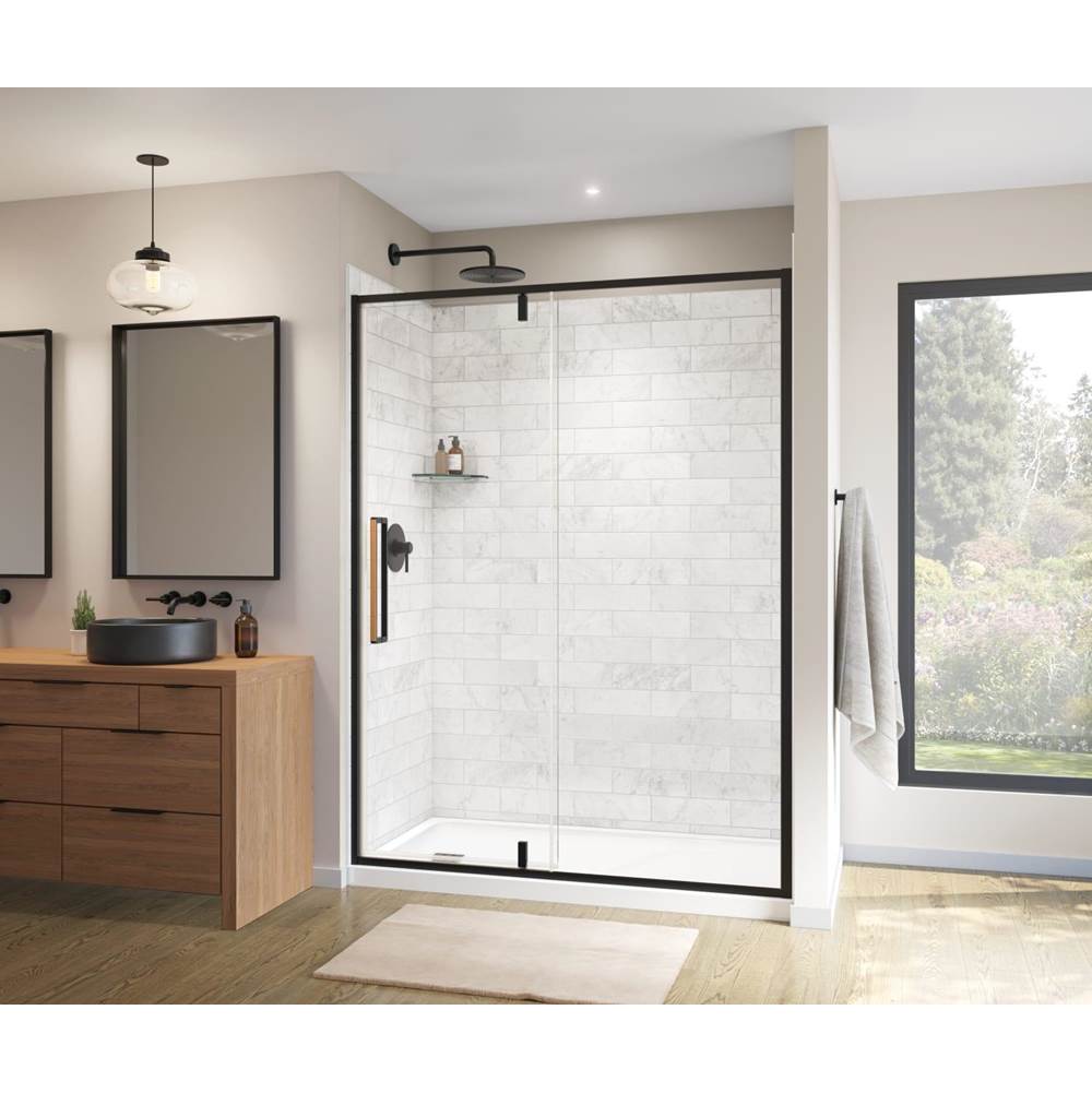Maax Uptown 57-59 x 76 in. 8 mm Pivot Shower Door for Alcove Installation with Clear glass in Matte Black & Wood