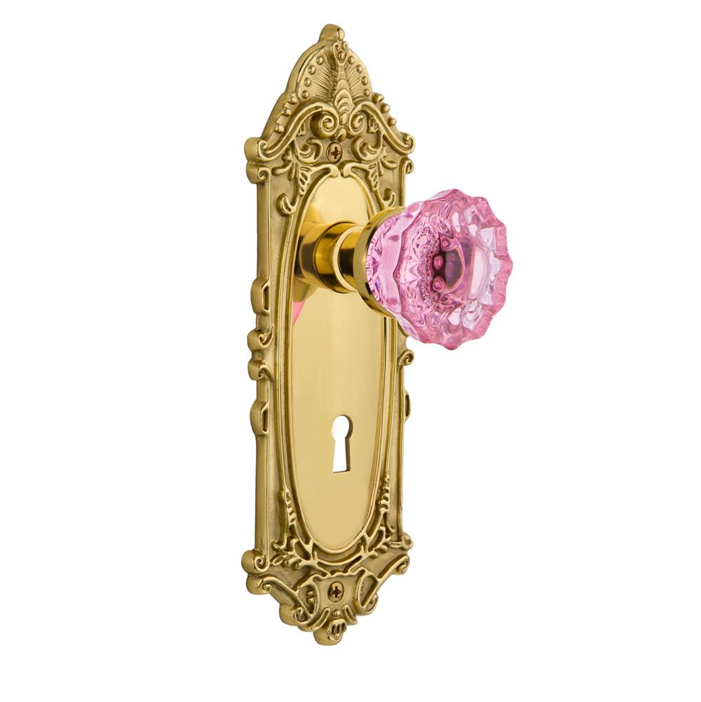 Nostalgic Warehouse Nostalgic Warehouse Victorian Plate Interior Mortise Crystal Pink Glass Door Knob in Unlaquered Brass