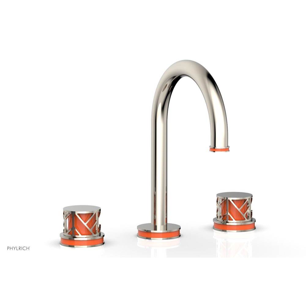 Phylrich Satin Brass Jolie Widespread Lavatory Faucet With Gooseneck Spout, Round Cutaway Handles, And Orange Accents - 1.2GPM