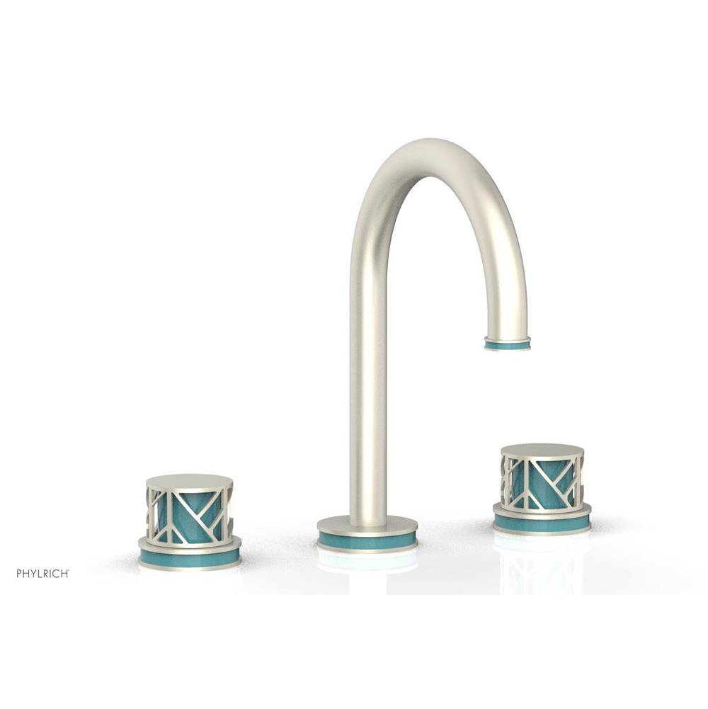 Phylrich Polished Brass Uncoated (Living Finish) Jolie Widespread Lavatory Faucet With Gooseneck Spout, Round Cutaway Handles, And Turquoise Accents - 1.2GPM